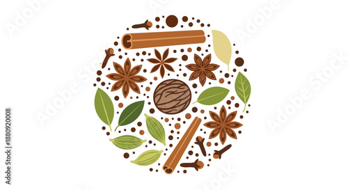 Circular arrangement of aromatic whole spices including cinnamon sticks, star anise, cardamom, cloves, and bay leaves.