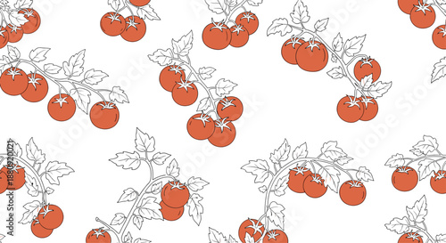 Seamless repeating pattern of fresh red tomatoes on green stems and leaves isolated on a plain white background for design.