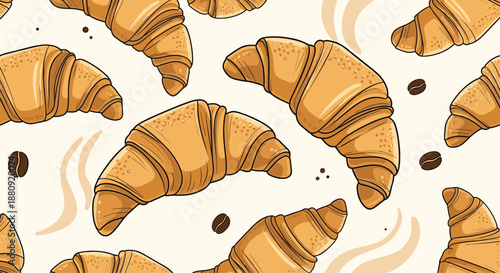 Delicious seamless pattern featuring golden brown croissants and dark roasted coffee beans on a light cream background.