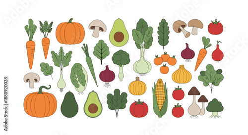 Large collection of various flat design vegetables including pumpkin, carrot, avocado, mushroom, onion, and greens.
