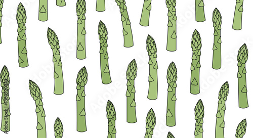 Minimalist repeating pattern of green asparagus spears arranged vertically on a clean white background for kitchen decor.