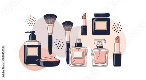 Still life illustration of various cosmetic products including perfume, lotion, brushes, and lipsticks in soft tones.