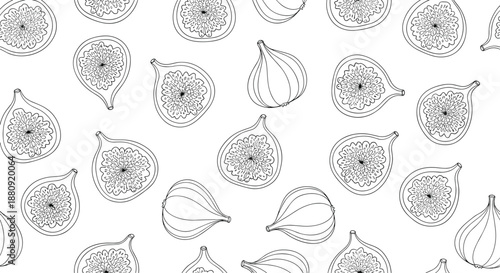 Seamless pattern of whole and sliced figs in a detailed black and white line art style on a clean white background.