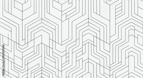 Geometric seamless pattern of intersecting lines forming a complex modern abstract design in grey and white tones.