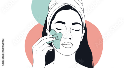 Line art illustration of a woman with a towel on her head performing a facial massage using a jade gua sha tool.