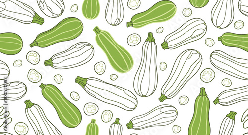 Seamless pattern of whole and sliced zucchini including line art and colored versions on a plain white background.