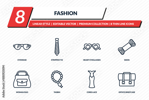 fashion icons set - eyewear, stripped tie, heart eyeglasses, skein, office briefcase outline vector collection.