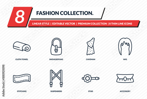 fashion collection. icons set - cloth towel, shoulder bag, caveman, wig, accessory outline vector collection.