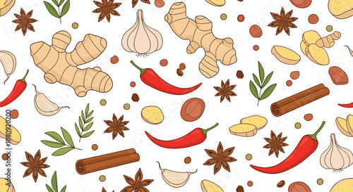 Hand drawn seamless pattern of ginger root, garlic bulbs, red chili peppers, star anise, and cinnamon sticks on a white background.