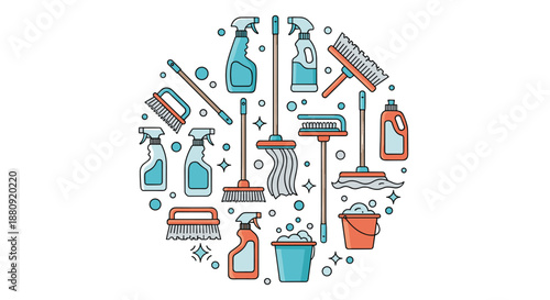 Circular arrangement of various colorful cleaning tools including mops, brooms, brushes, spray bottles, buckets, and sponges on white background.