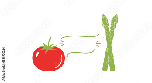 Simple illustration featuring a bright red tomato and a bunch of green asparagus with space for text between them on a white background.