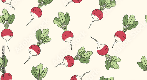 Seamless pattern of whole red radishes with long roots and green leaves scattered on a light beige background for culinary and kitchen use.