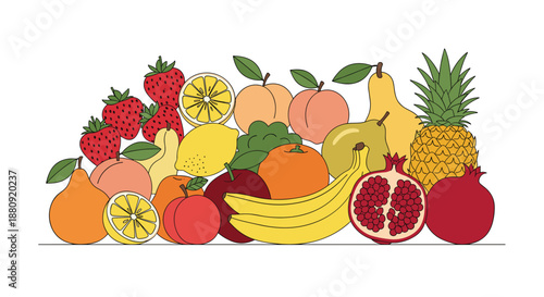 Diverse collection of colorful hand drawn fruits including bananas, apples, oranges, lemons, pomegranates, strawberries, and pineapples in a pile.