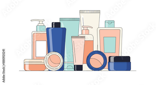 Wide range of cosmetic and skincare products including bottles, tubes, and jars in various sizes and shades of blue, peach, and white.