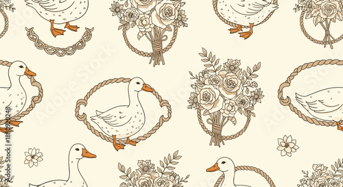 Vintage style seamless pattern featuring illustrations of white ducks and beautiful flower bouquets enclosed in rope frames on a cream background.