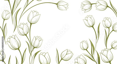 Elegant illustration of numerous green tulip flowers and leaves forming a frame with a large blank space in the center on a white background.