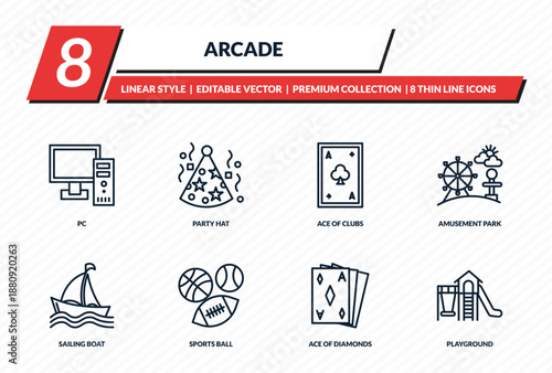 arcade icons set - pc, party hat, ace of clubs, amusement park, playground outline vector collection.