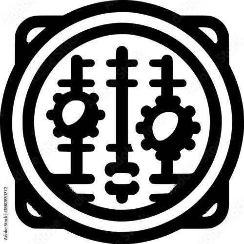 Gear Control Icon: A minimalist icon showcases mechanical components. The central vertical slider flanked by gears, symbolizing precision and technological control.