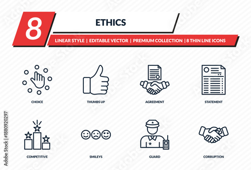 ethics icons set - choice, thumbs up, agreement, statement, corruption outline vector collection.