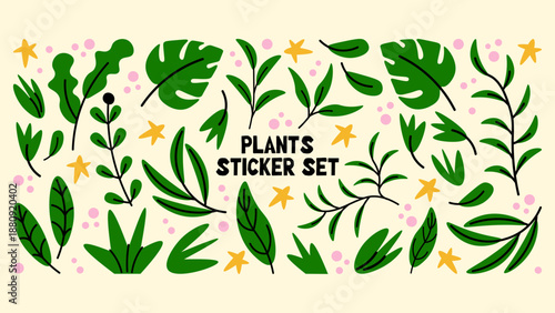 Stickers exotic tropical leaves, jungle plants, palm trees, monstera leaves and flowers. Set of vector leaves in cartoon retro style