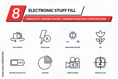 electronic stuff fill icons set - flip camera, auto flash, brightness option, ro, video file list outline vector collection.