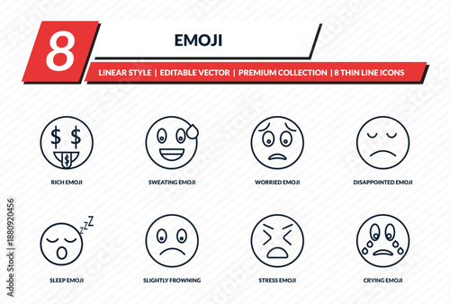 emoji icons set - rich emoji, sweating emoji, worried disappointed crying outline vector collection.