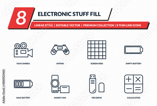 electronic stuff fill icons set - film camera, joypad, screen grid, empty battery, calculating outline vector collection.