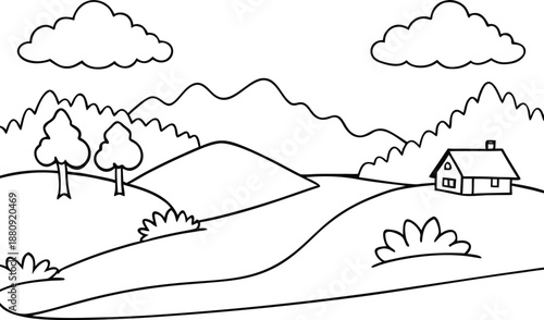 Peaceful riverside scene for a coloring page, featuring flowing water, gentle hills, trees, and clouds, inviting calm creativity, relaxation, and nature-inspired coloring joy.
