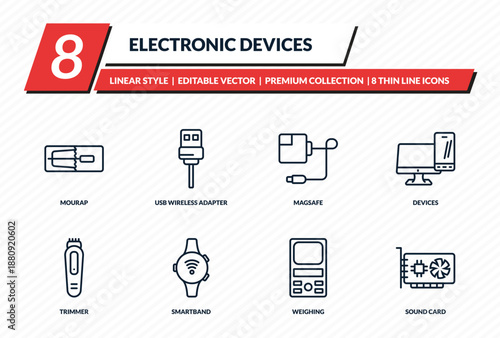electronic devices icons set - mourap, usb wireless adapter, magsafe, devices, sound card outline vector collection.