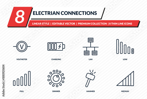 electrian connections icons set - voltmeter, charging, lan, low, medium outline vector collection.