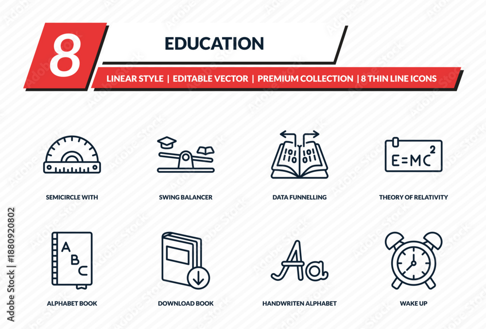 Fototapeta premium education icons set - semicircle with ruler, swing balancer, data funnelling, theory of relativity, wake up outline vector collection.