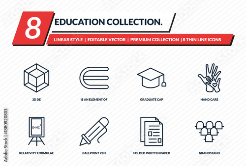 education collection. icons set - 3d de, is an element of, graduate cap, hand care, grandstand outline vector collection.