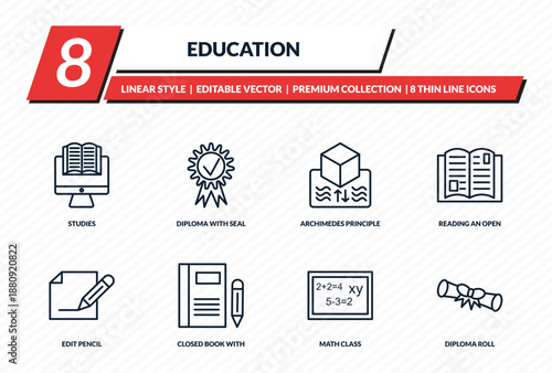 education icons set - studies, diploma with seal, archimedes principle, reading an open book, diploma roll outline vector collection.