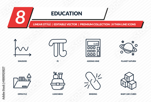 education icons set - sinusoid, pi, adding hine, planet saturn, baby abc cubes outline vector collection.