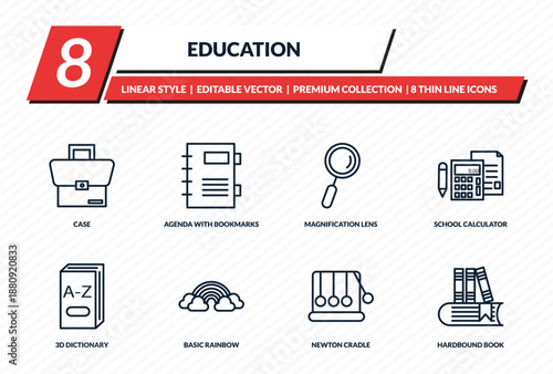 education icons set - case, agenda with bookmarks, magnification lens, school calculator, hardbound book outline vector collection.