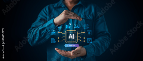 Man hands protecting virtual AI assistant technology chip. Concept of artificial intelligence support for smart creative content generation and digital workflow automation solution.