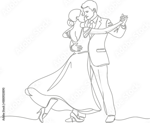 Elegant couple captured in a single continuous line drawing executing a passionate ballroom dance pose with graceful movement and formal attire suggesting a wedding or special event celebration