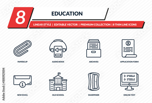 education icons set - paperclip, audio book, archives, application form, online test outline vector collection.