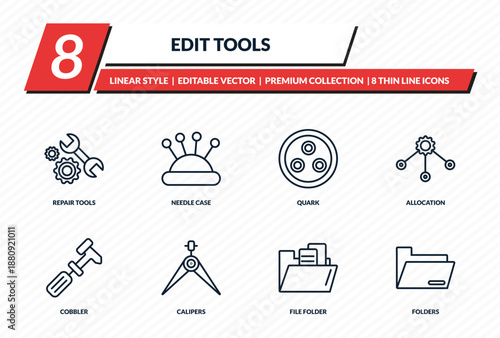 edit tools icons set - repair tools, needle case, quark, allocation, folders outline vector collection.