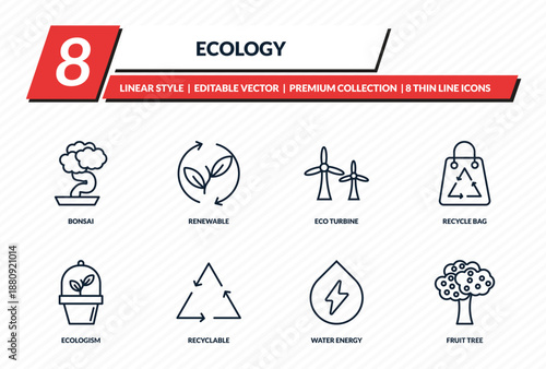 ecology icons set - bonsai, renewable, eco turbine, recycle bag, fruit tree outline vector collection.