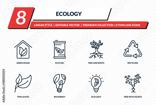 ecology icons set - green house, eco fuel, tree and roots, recycling, tree with hearts outline vector collection.