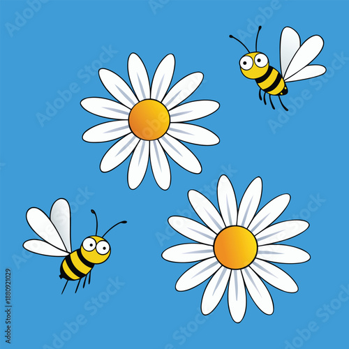 Bright bees buzz around cheerful daisies, dancing over a vibrant blue background, creating a lively, sunny scene full of nature’s charm and playful energy.
