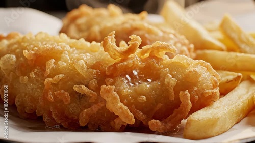 A closeup view of a delicious plate of freshly prepared deepfried fish and golden french fries a beloved fastfood staple highlighting the crunchy batter and savory appeal of this traditional comfort .