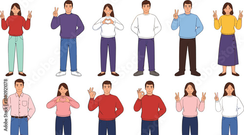 People Showing Hand Gestures and Body Language Character Set with Positive Signs for Communication, Social Interaction, Education, and Lifestyle Design