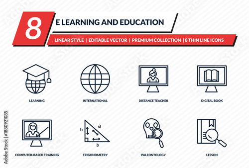 e learning and education icons set - learning, international, distance teacher, digital book, lesson outline vector collection.