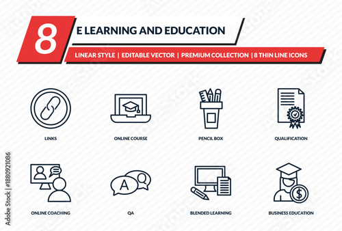 e learning and education icons set - links, online course, pencil box, qualification, business education outline vector collection.