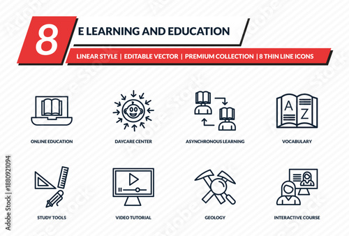 e learning and education icons set - online education, daycare center, asynchronous learning, vocabulary, interactive course outline vector collection.