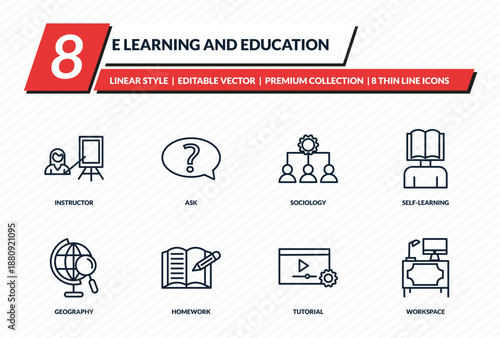 e learning and education icons set - instructor, ask, sociology, self-learning, workspace outline vector collection.