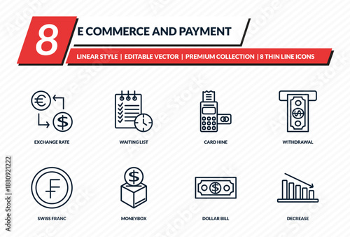e commerce and payment icons set - exchange rate, waiting list, card hine, withdrawal, decrease outline vector collection.