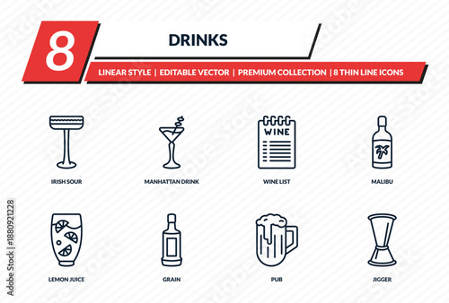 drinks icons set - irish sour, manhattan drink, wine list, malibu, jigger outline vector collection.